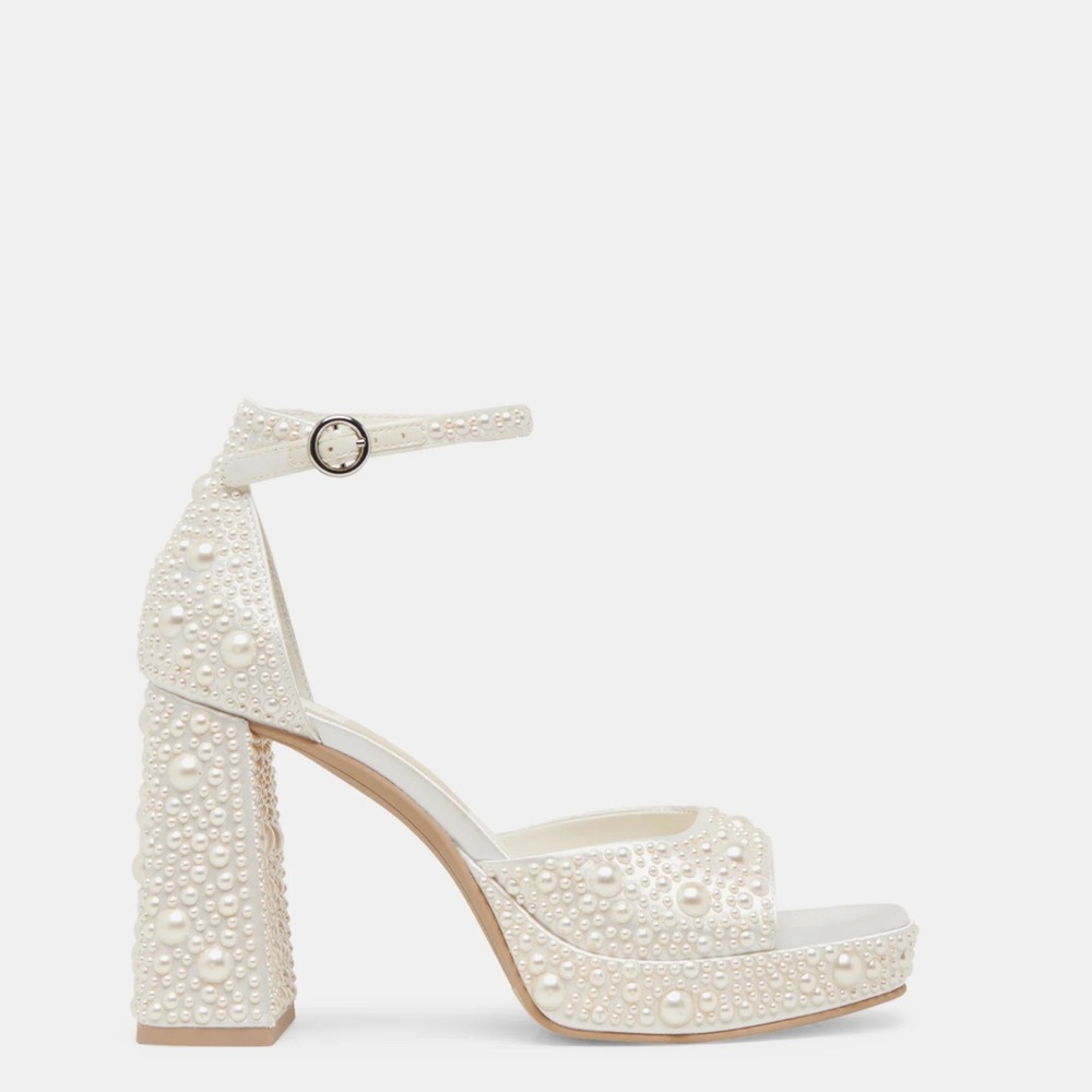 Elegant White Satin Pearl-Embellished Women's Heels